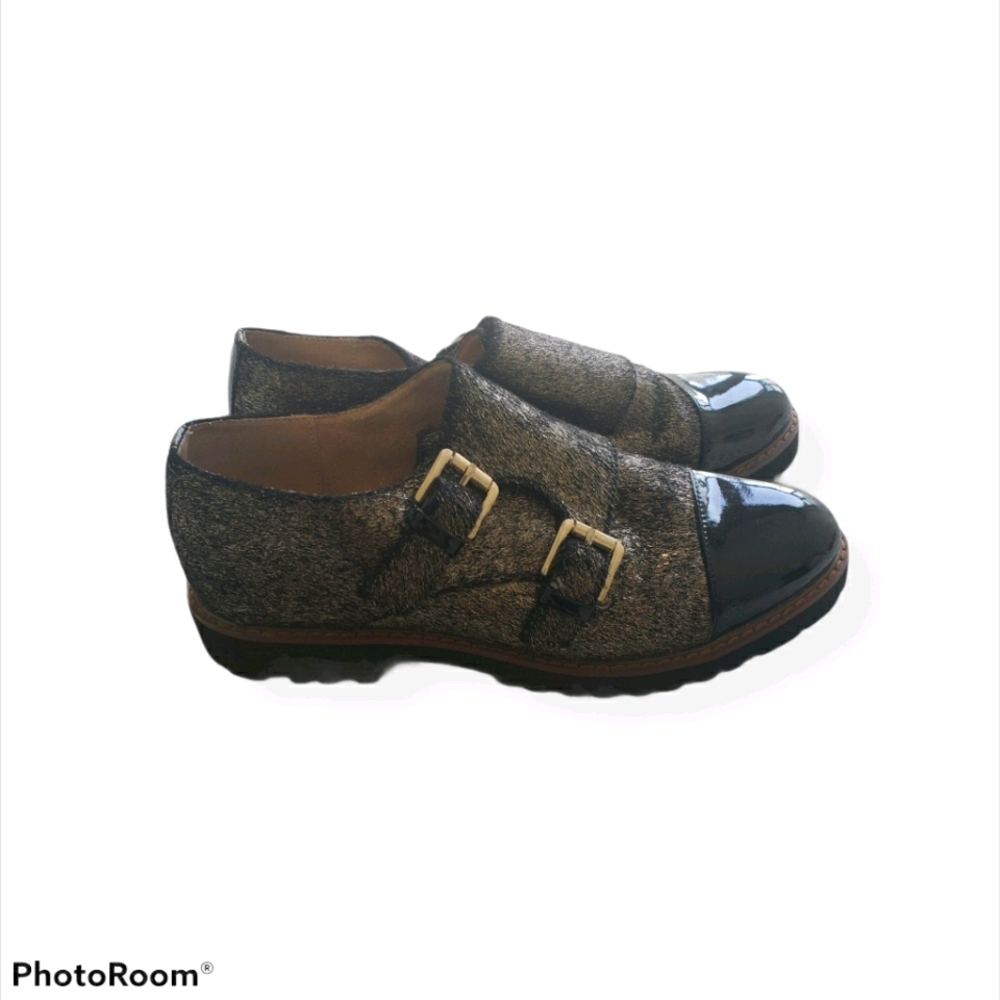 Vanessa Wu gold mohair double buckle shoes - Picture 2 of 5